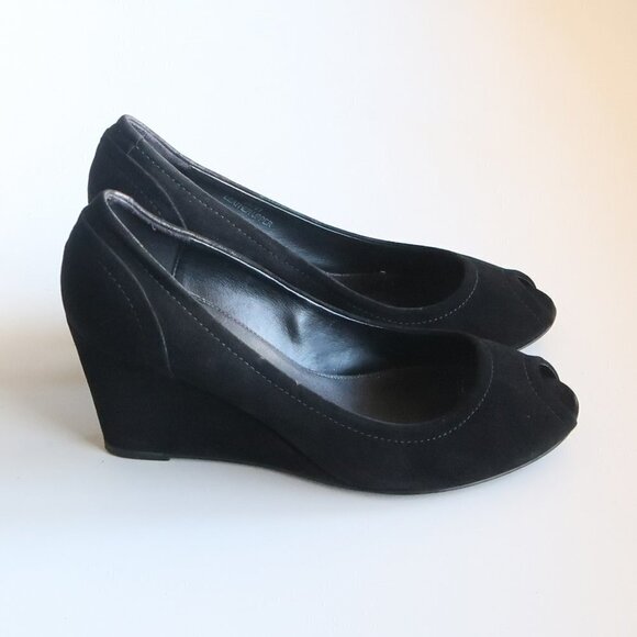 J. Crew Black Suede Leather Peep Toe Wedge Heel Sandals / Dress Shoes Size 8 - Picture 15 of 15